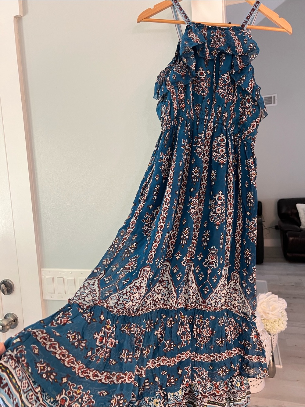Anthropologie Ruffled Blue Floral Printed Dress Bohemian Style Women’s size S - Picture 7 of 16